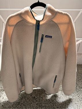 Patagonia Cream Sherpa Jacket with Sage and Blue Accents